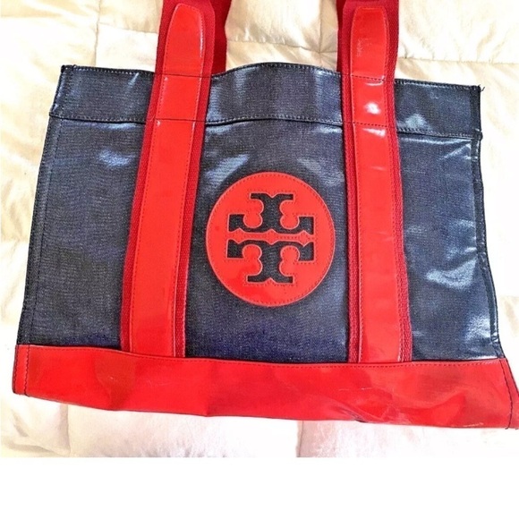 Tory Burch Large Purse Shoulder Bag Tote Black Red Logo Floral Lined Zip Pockets - Picture 2 of 8